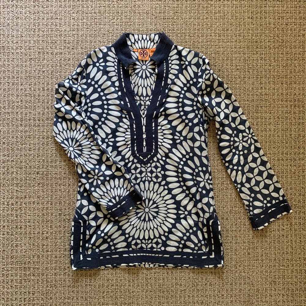 Tory Burch Patterned Tunic - Navy and Cream - 10